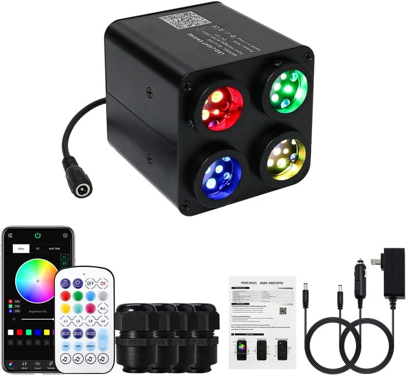 AKEPO 4 Color 36W RGBW Twinkle Fiber Optic Light Source Only, 4 Ports RGBW Twinkle + Music Activated + Bluetooth APP Control + 28-Key Remote Control for Car Home Starlight Headliner - Image 1
